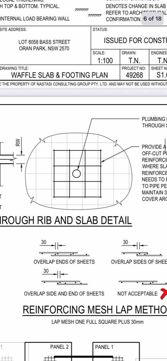 Penetration through slab mesh, recorded during a slab pre-pour inspection in Oran Park